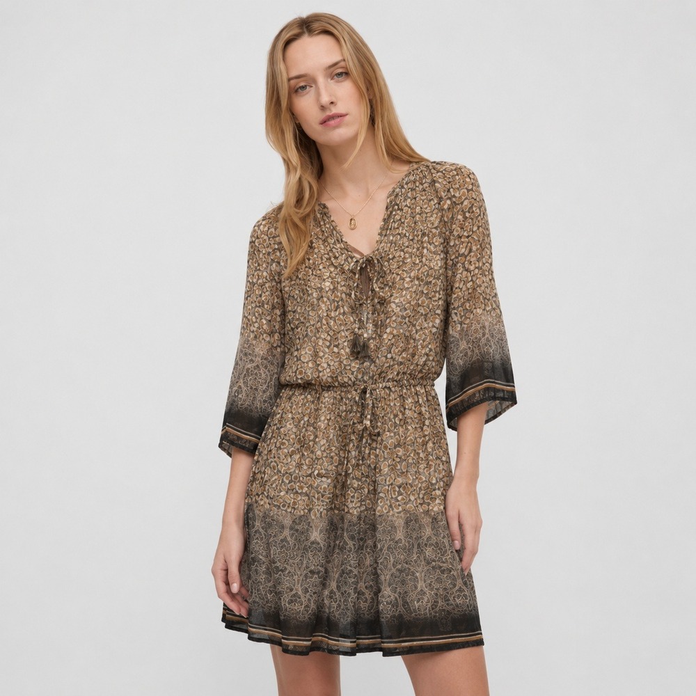 Johnny Was Leopard Paisley Silk Mini Dress Womens XS Brown Animal Print Boho